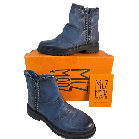 Miz Mooz Women's Frances Blue Leather Lined Ankle Boots Inside Zipper Sz 39